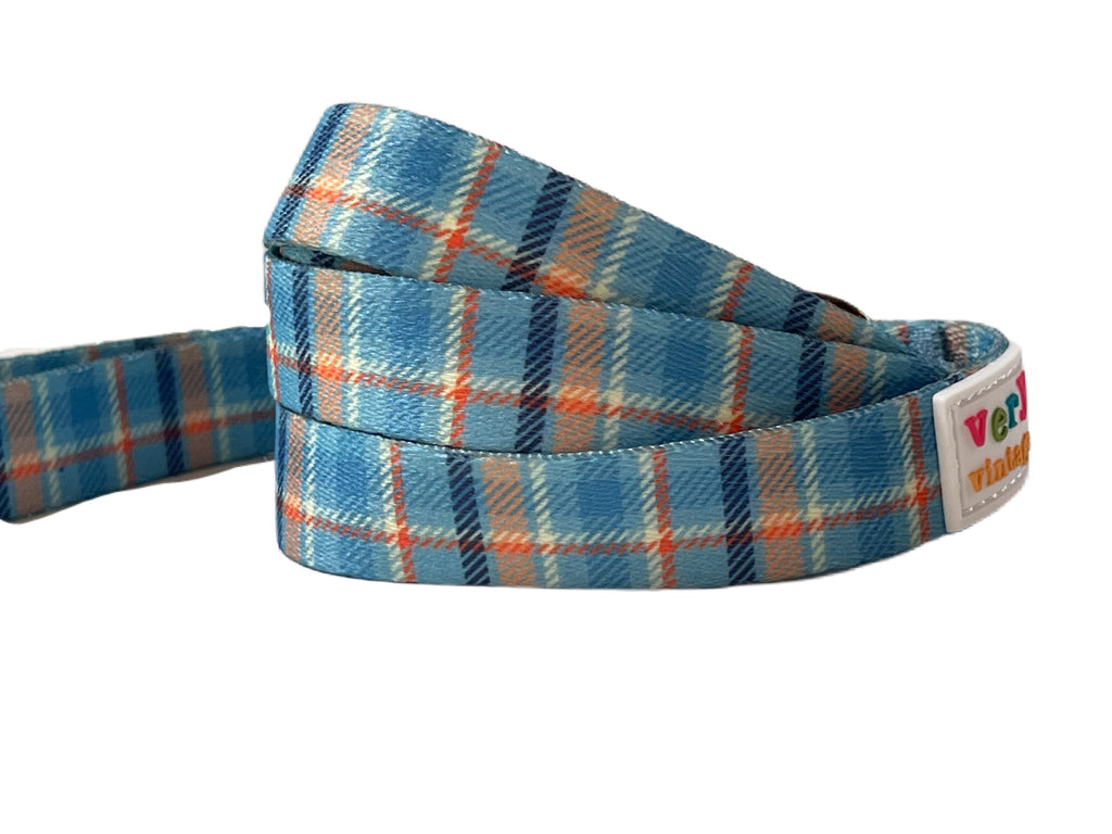 blue, orange, cream and navy tartan plaid matching eco-friendly dog leash