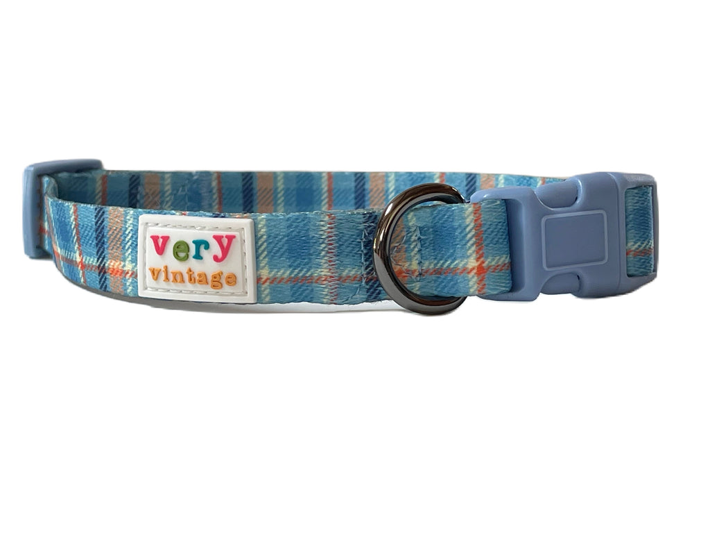 blue, orange, cream and navy plaid tartan dog collar for boy dogs