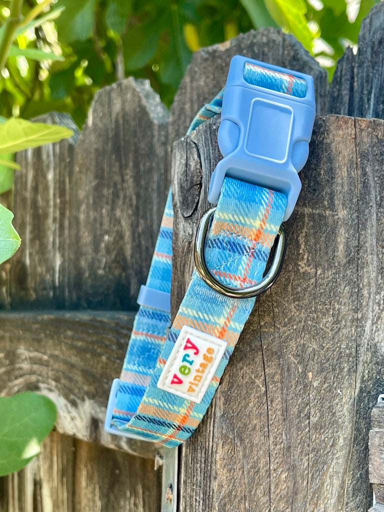 Unique and eye-catching dog collars with a blue and orange tartan design