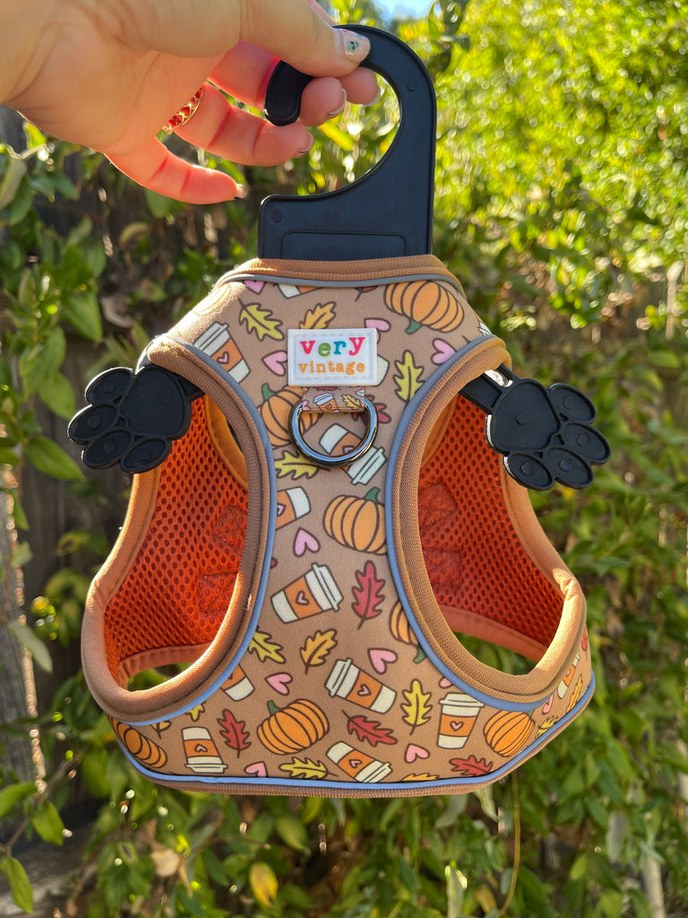 An outside photo of our no-pull, no-choke dog harness vest in a delicious pumpkin spice latte pattern with pumpkins, coffees, leaves and hearts. Perfect for keeping your small dog comfortable and stylish during fall walks.