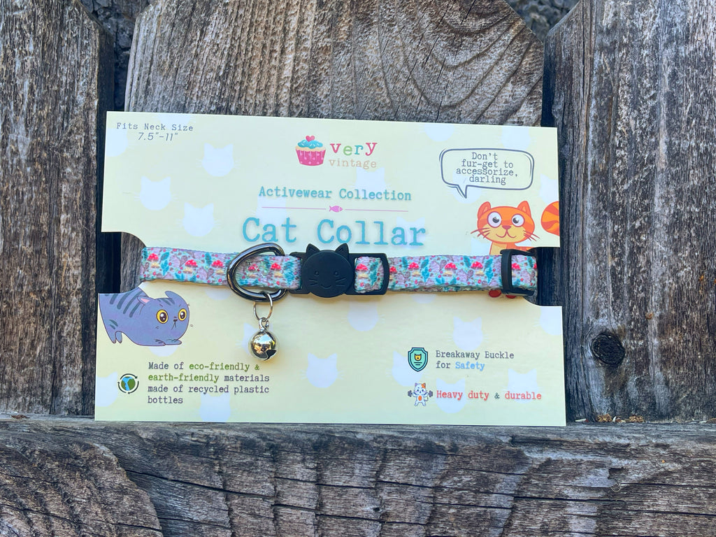 Stylish and comfortable breakaway cat collar with a playful squirrel and mushroom pattern, perfect for everyday wear.