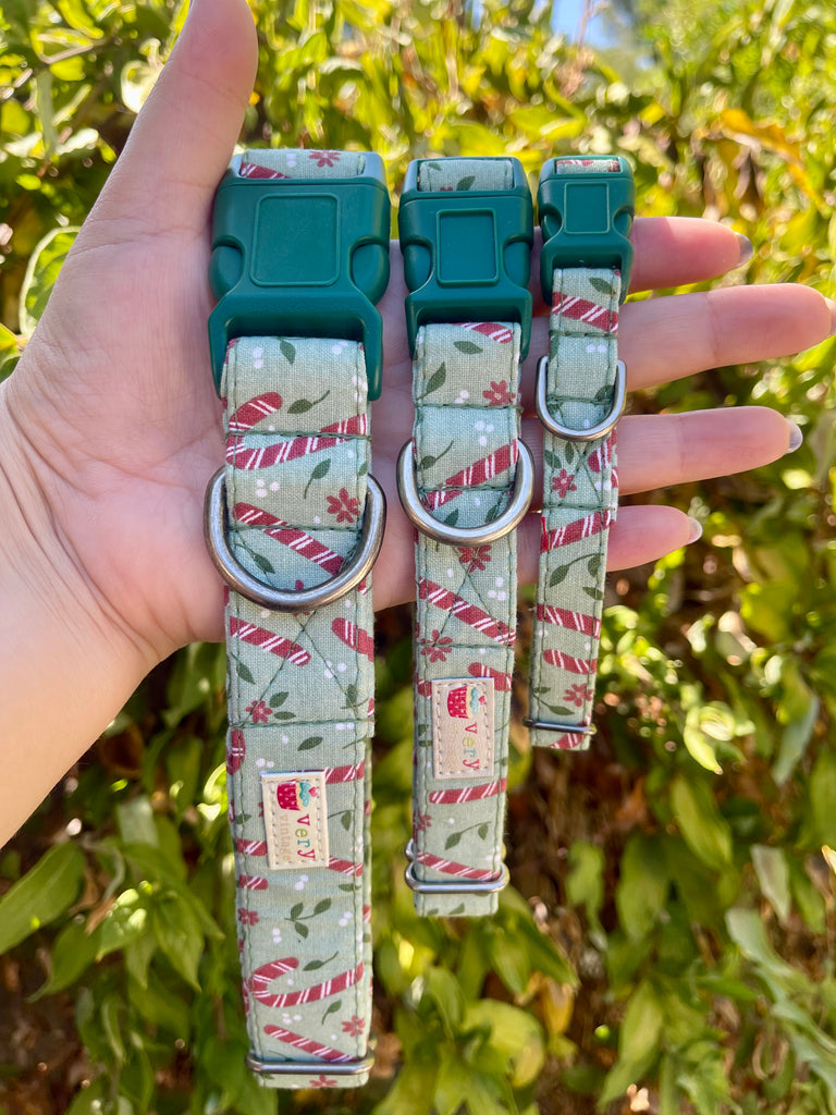 Three handmade dog collars with green buckles and candy cane holiday fabric held in a hand outdoors, greenery in the background.