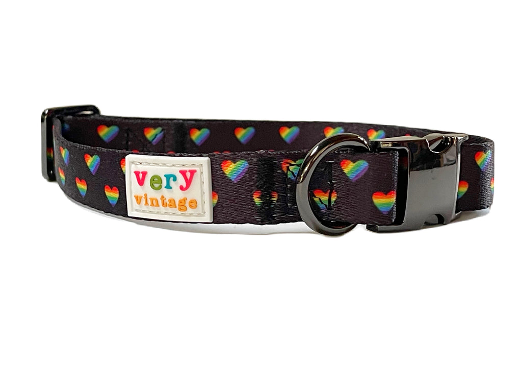 love is love themed pride rainbow heart dog collar with secure metal hardware