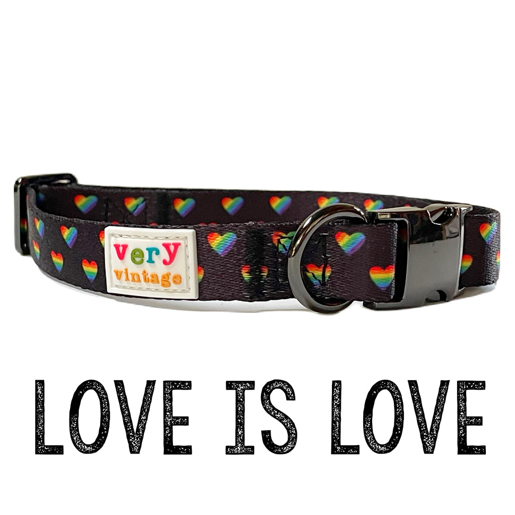 black with colorful rainbow hearts dog collar supporting the LGBTQ community