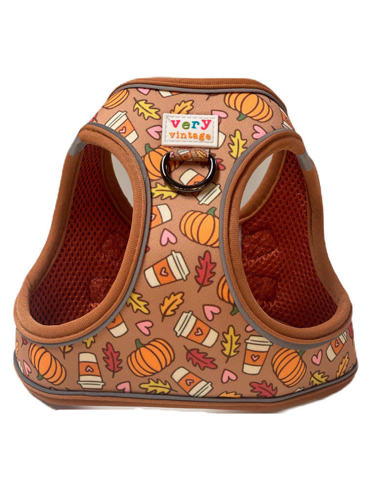 A comfortable and stylish pumpkin spice latte dog harness vest with a no-pull and no-choke design. Perfect for small breeds and fall adventures.