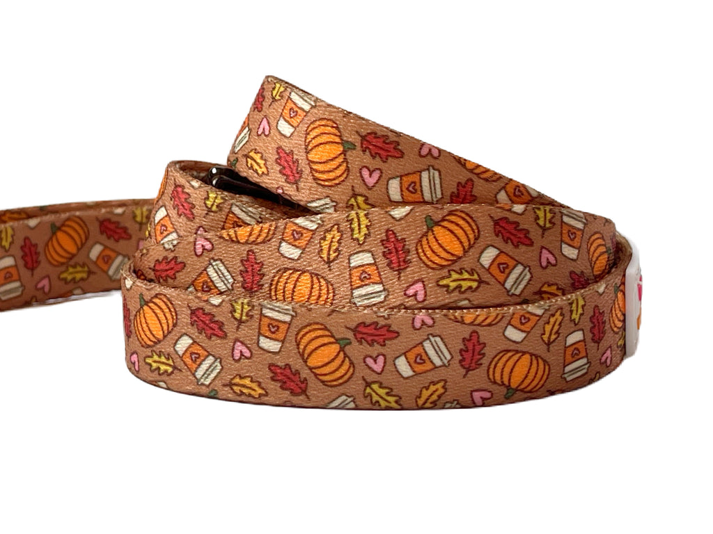 light brown with pumpkins, fall leaves and pumpkin spice lattes pattern designer dog leash for fun and secure dog walks.