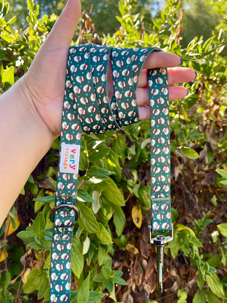 Close-up of green Christmas dog leash with multiethnic Santa print outdoors