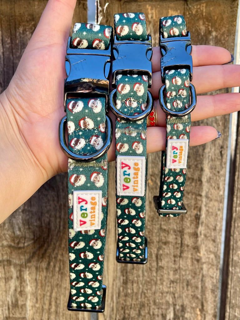 Handmade green Santa print dog collars with gunmetal buckles