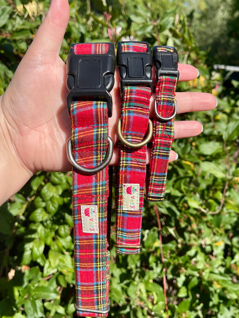 Red plaid pet collar with black buckle and silver hardware, nestled in a hand and backed by soft greenery — a timeless style for stylish pups.