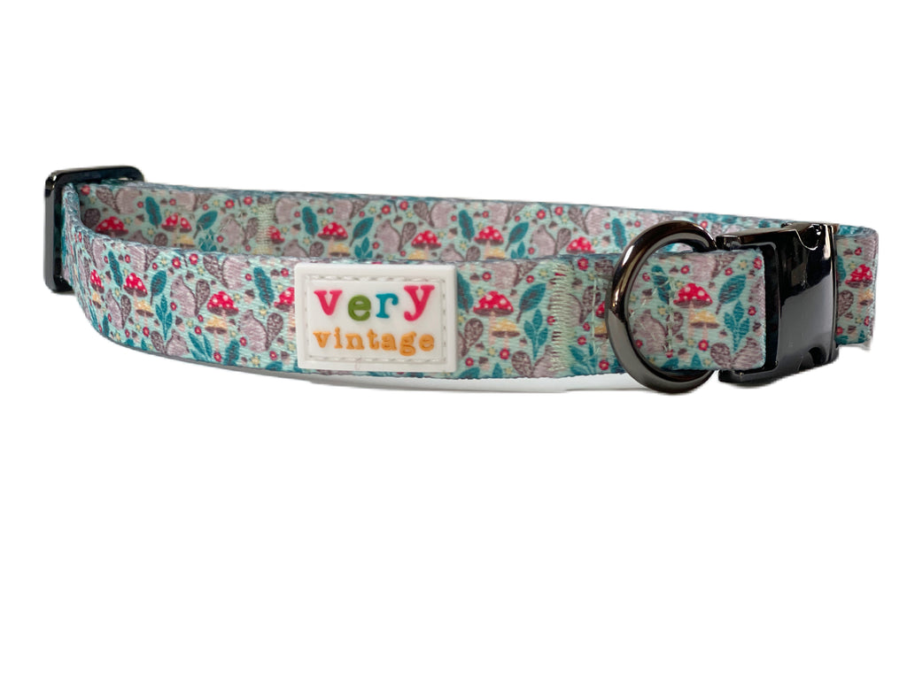 Stylish mint green dog collar with a unique squirrel and mushroom pattern, perfect for any furry friend.