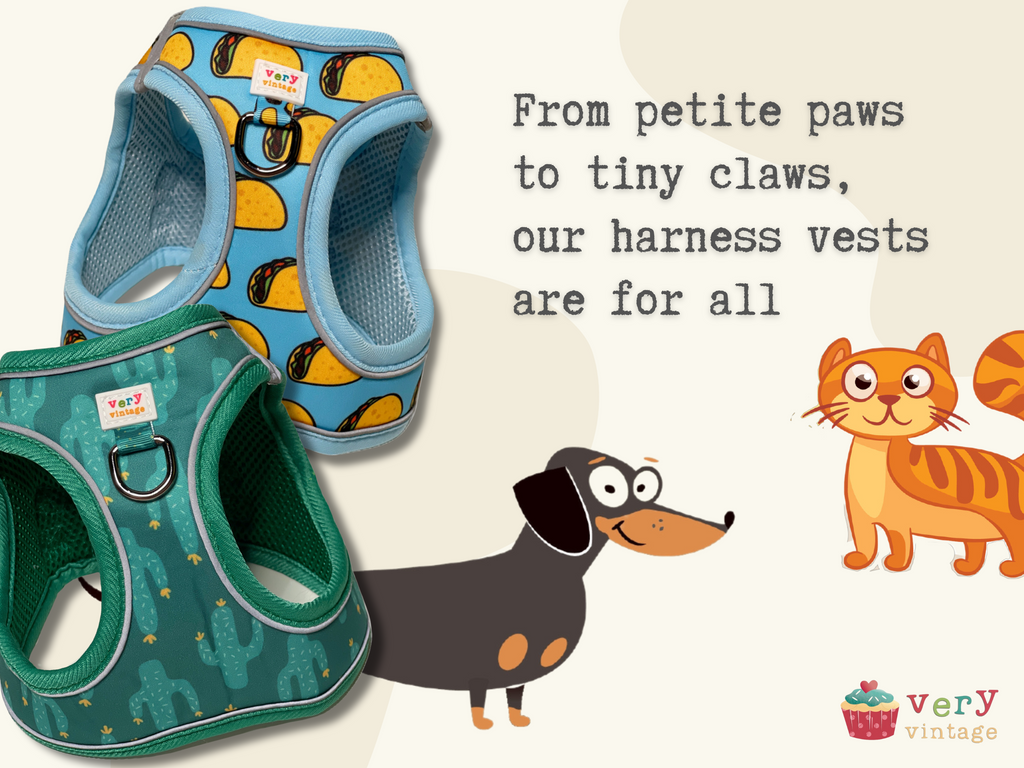 cute little graphic with a dog and cat showcasing the the harness vests are for both dogs and cats