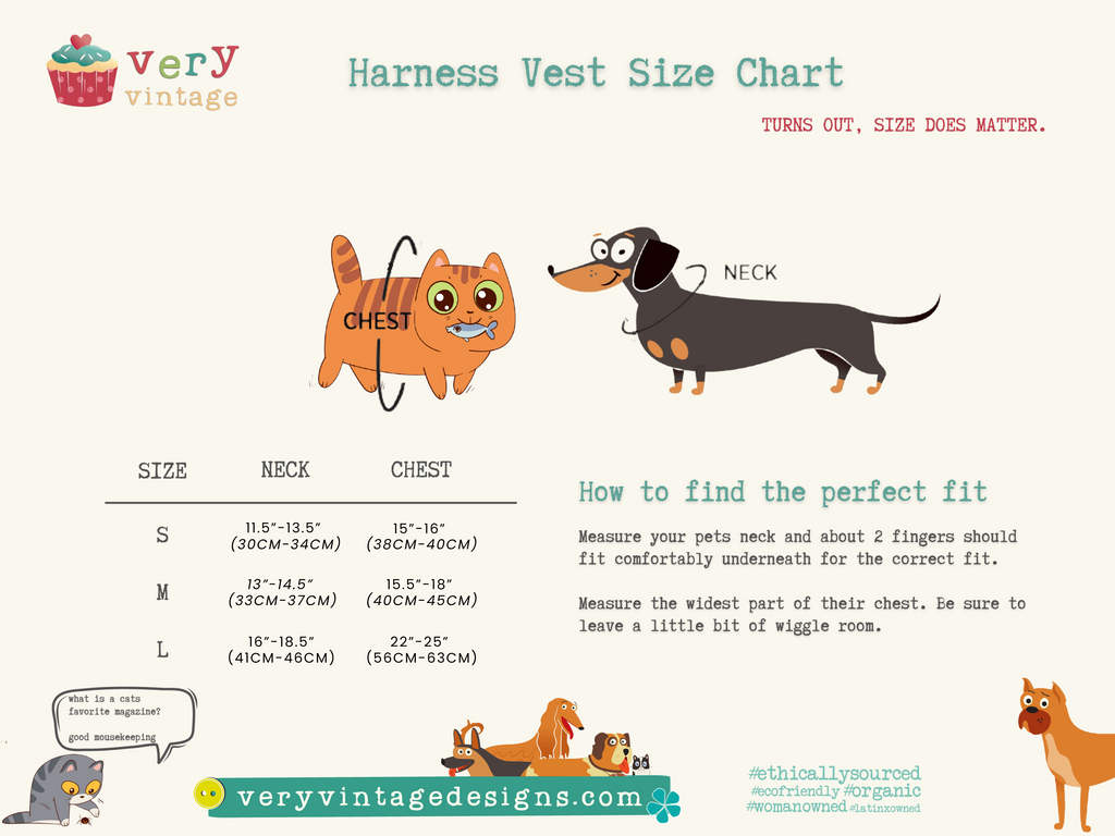 sizing guide with dog and cat examples of the sizes for the harness vests