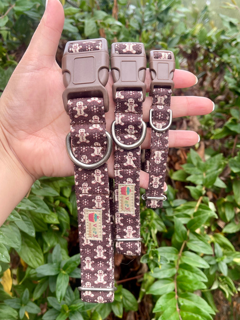 Hand holding three brown gingerbread dog collars with mocha buckles against leafy garden background