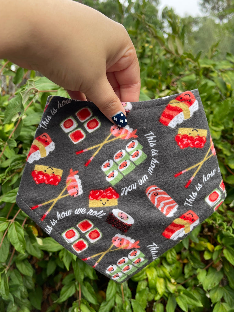Sushi-themed dog bandana held in front of leafy green background