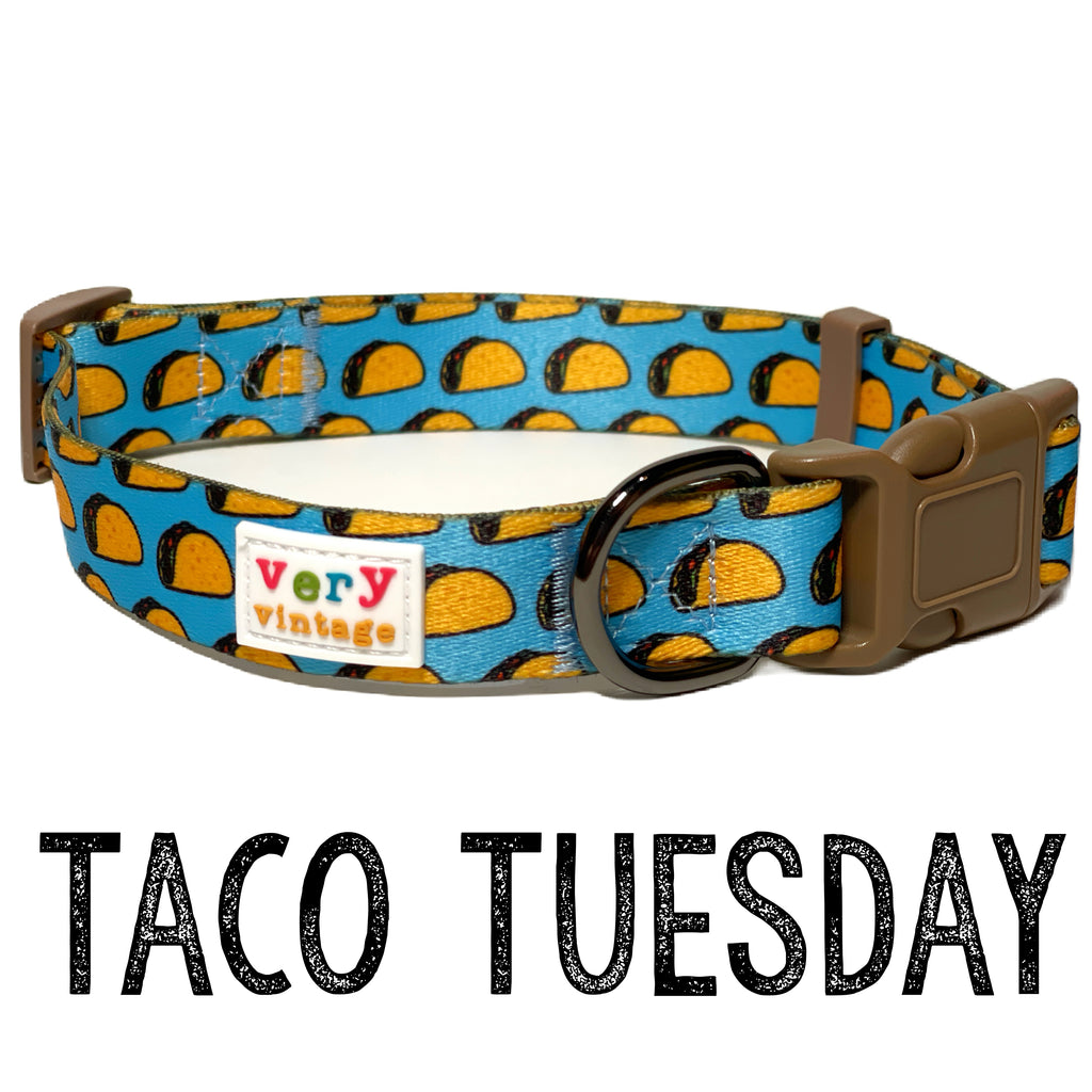 Light blue dog collar with a yellow taco pattern. The collar features durable hardware and a comfortable fit.