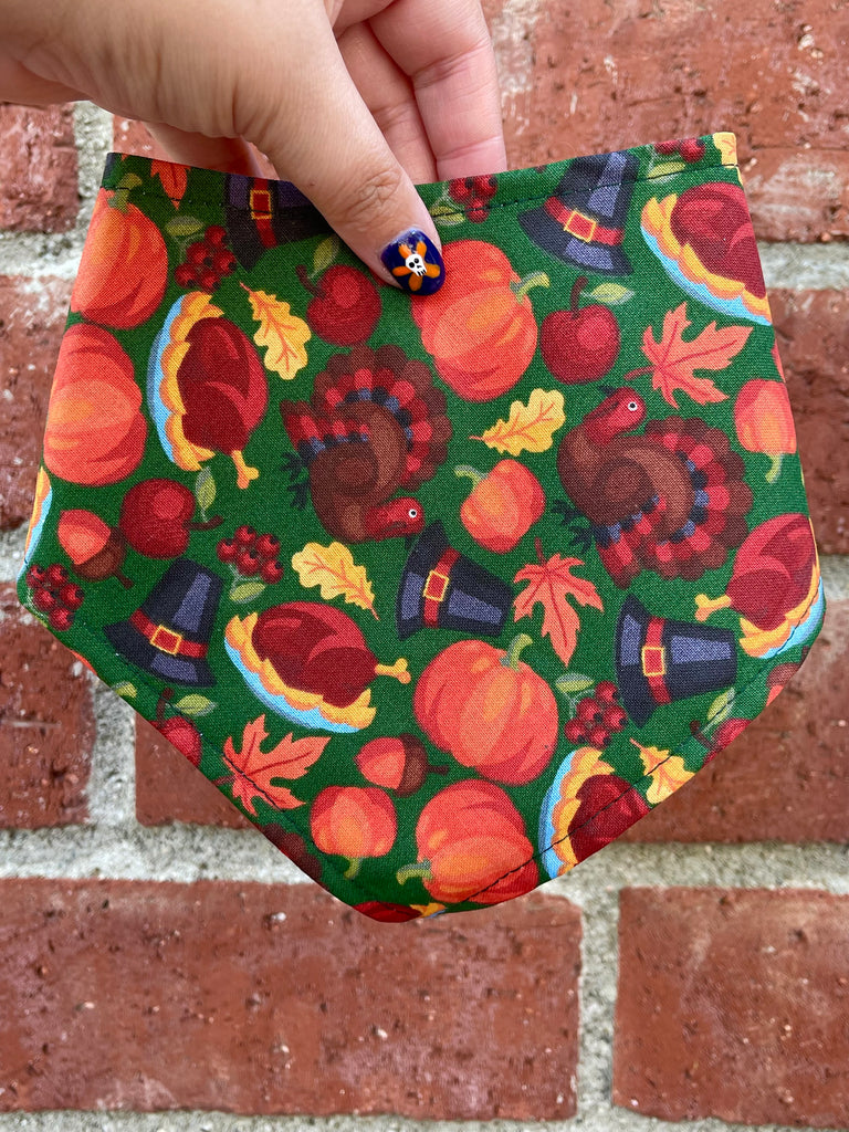 Hand holding green Thanksgiving dog bandana with pumpkins, turkeys, and fall leaves against brick wall background