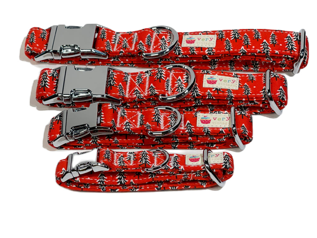 shiny silver hardware dog collar with red Christmas trees