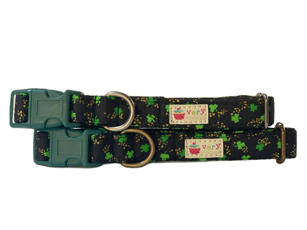 black with tiny green shamrocks and gold shimmers organic cotton dog and cat collars