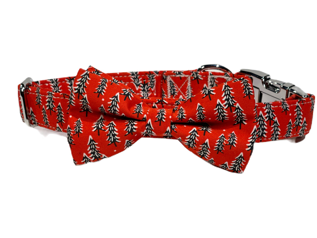 Christmas red dog collar with snowy pine trees