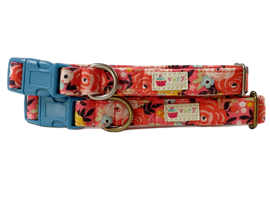 coral pink with pink, blue and yellow roses dog collar