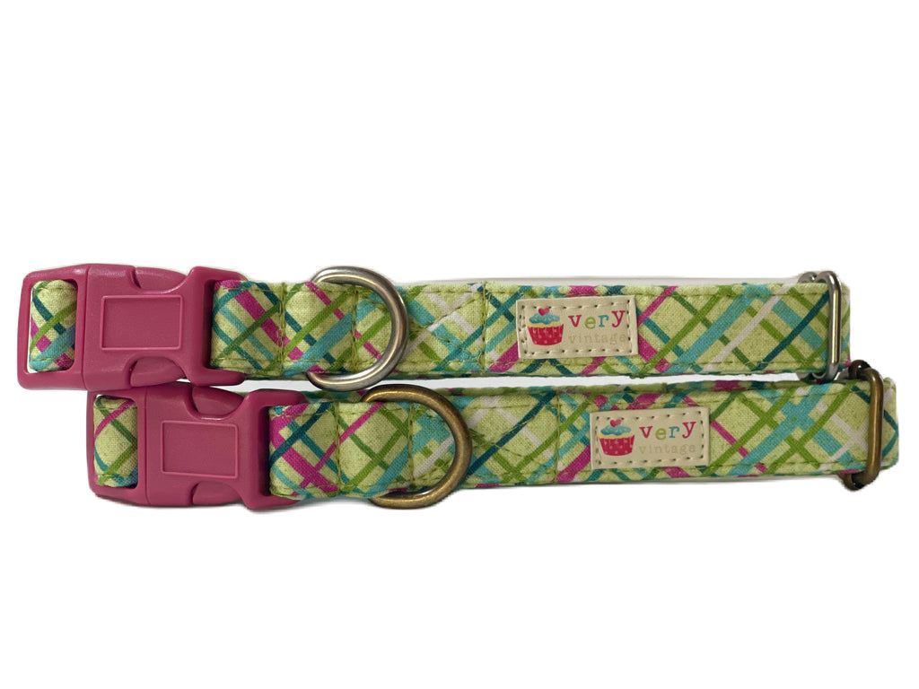 Handmade organic cotton dog collar featuring a vibrant lime green, teal, white, and dark pink plaid tartan pattern. Available in custom sizes for dogs and cats, with antique brass or silver hardware. Breakaway buckle option for cats.