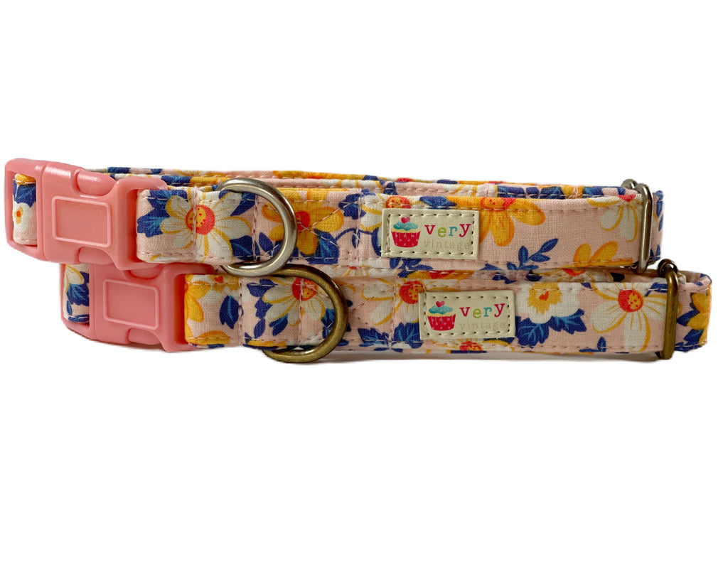 light pink with white and yellow daisy flowers and navy blue leaves organic cotton dog and cat collars