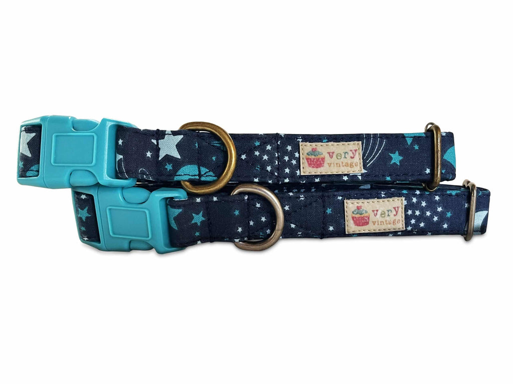 navy blue with teal stars and planets organic cotton dog collar