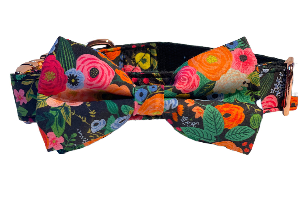 black with bright colorful floral cotton dog collar with heavy duty webbing and rose gold hardware