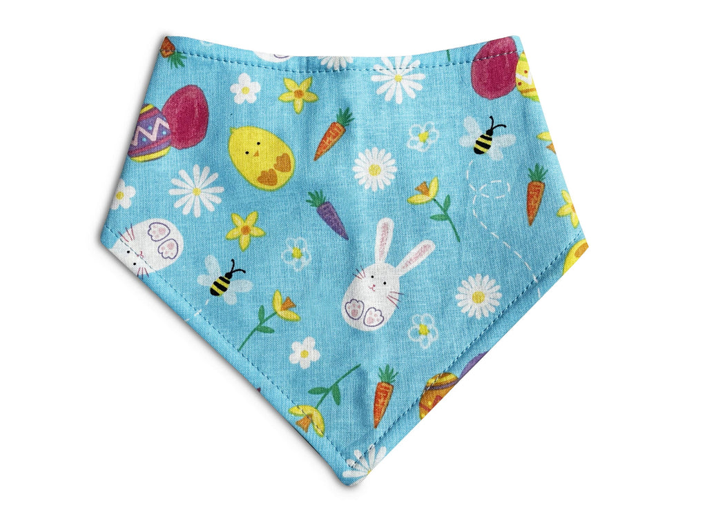 Aqua blue pet bandana with a playful Easter pattern featuring colorful chicks, bunnies, and Easter eggs. Handmade in Los Angeles.