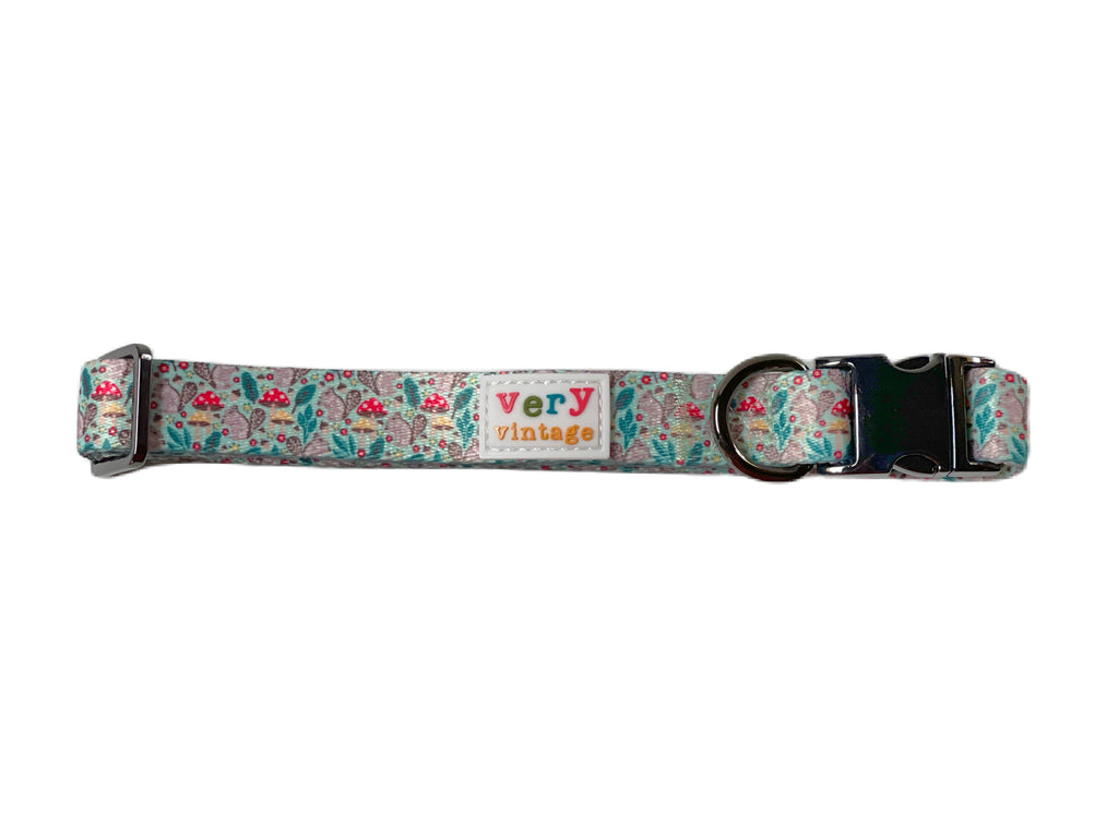 mint green with gray squirrels, toadstools and flowers dog collar with metal hardware