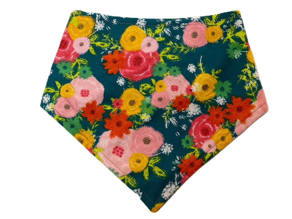 dark teal blue with pink yellow red roses with flowers bandana for dog or cat