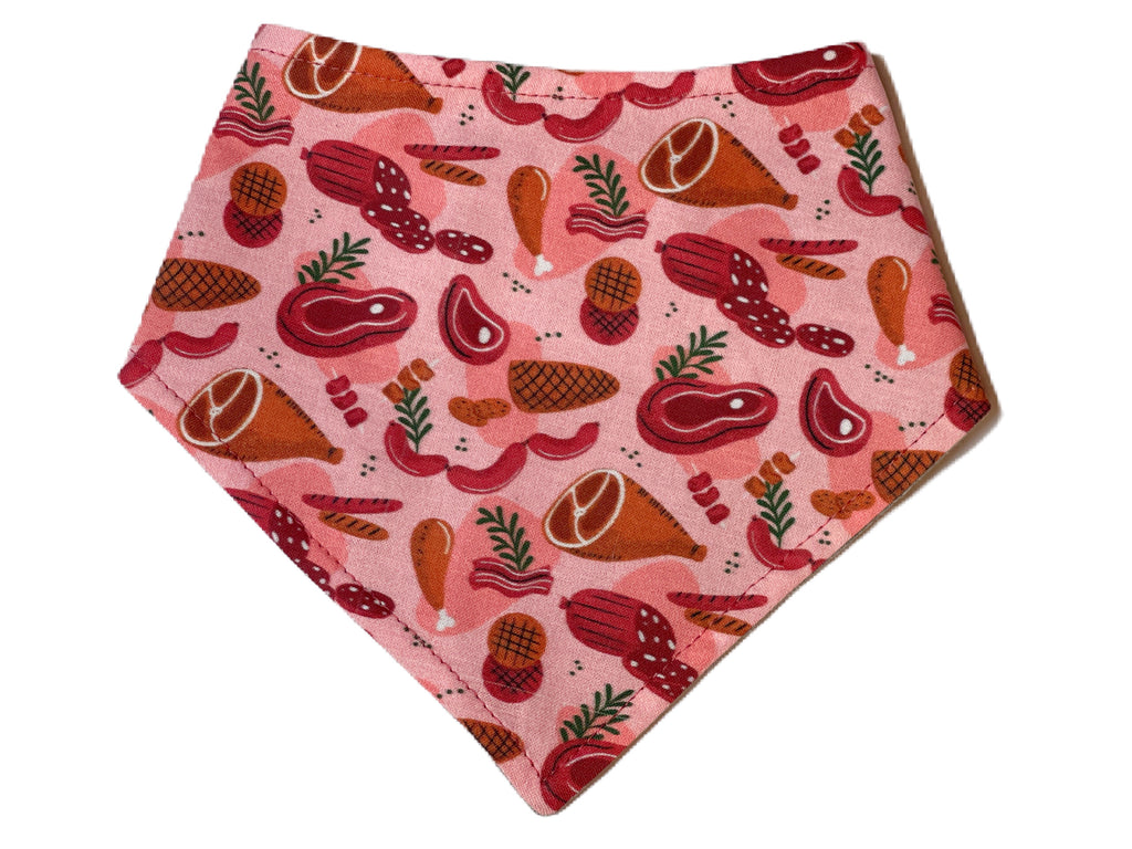 red with pink with brown sausage, ham and salami bandana for a dog