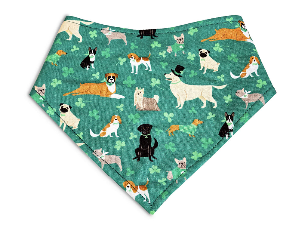 Handmade green Lucky Irish bandana for dogs, featuring a festive St. Patrick’s Day design, eco-friendly cotton, and adjustable snap closures for a comfortable fit.