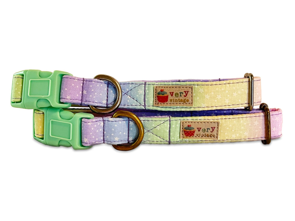 Pastel rainbow ombre striped pet collar with delicate white stars, giving off celestial and dreamy vibes. Handmade from organic cotton, with your choice of antique brass or silver hardware.