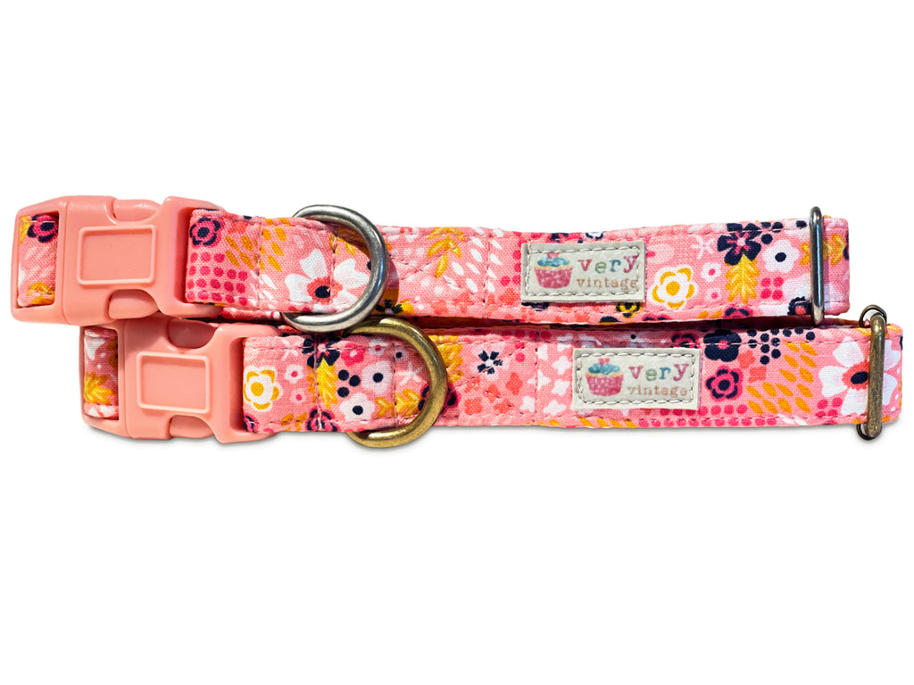 light pink with colorful flowers organic cotton dog collar
