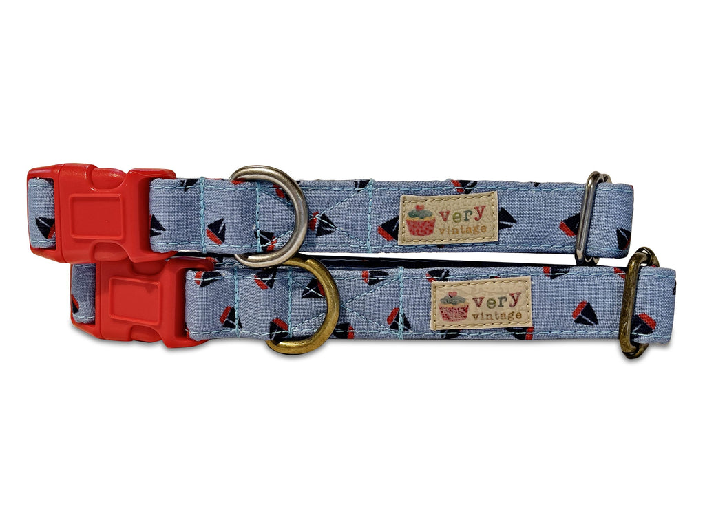 light blue with red and navy blue sailboats organic cotton dog collar