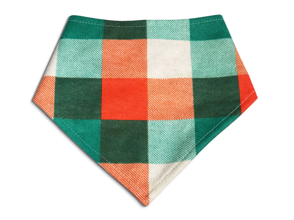 Dog and cat bandana featuring a green and orange buffalo plaid pattern, perfect for autumn and cozy seasonal vibes. Handmade in the USA.