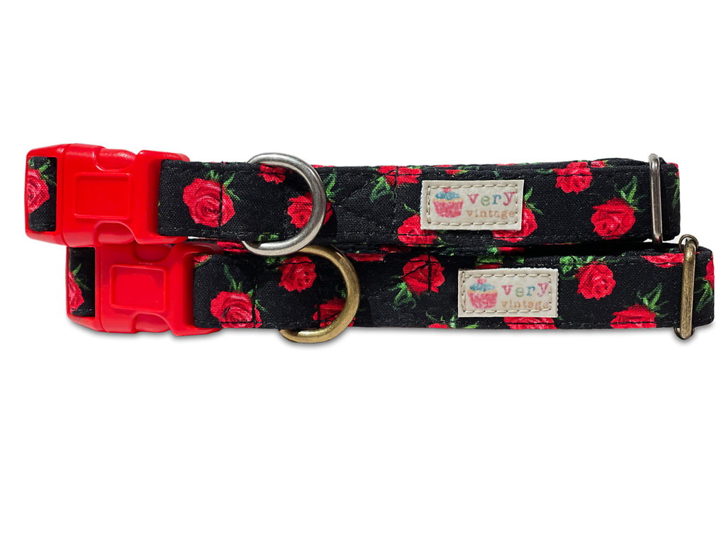 black with red rose flowers organic cotton dog collar