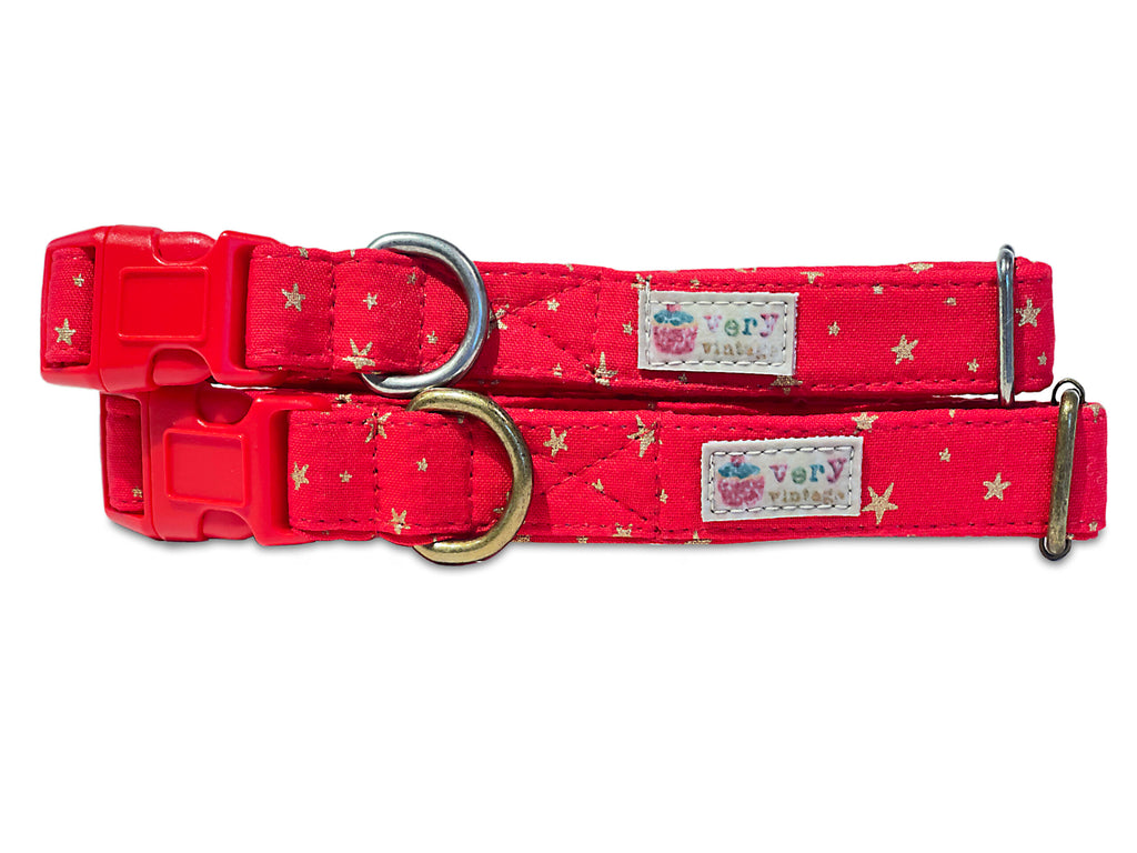 bright red with gold stars organic cotton dog collar