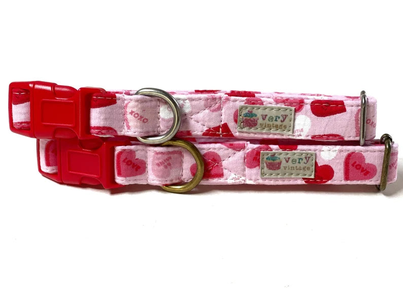 Handmade in Sunny California. Light pink with mini conversation hearts print valentine day's organic cotton dog collar 