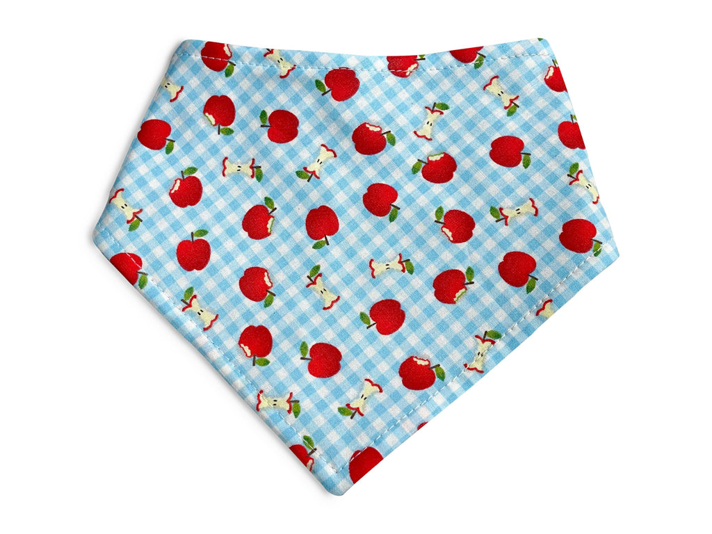 Snap-on bandana for dogs and cats, featuring a charming gingham apple design.