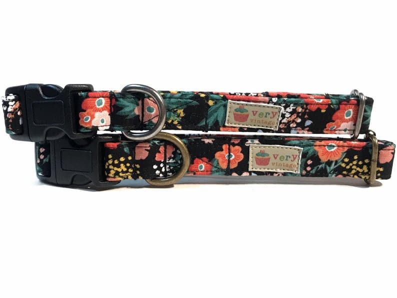 black bohemian floral collar for a dog or cat