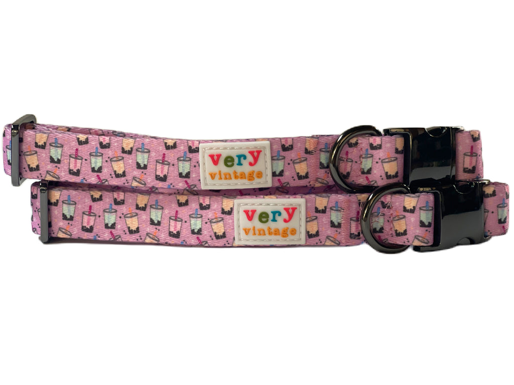 Adjustable light purple nylon dog collar featuring a fun boba milk tea cup design. Durable metal hardware for small to medium to large dogs