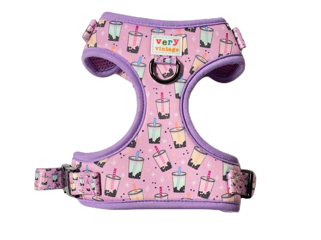 Adjustable light purple boba milk tea dog harness for small to medium dogs. Comfortable and stylish design with secure buckles.