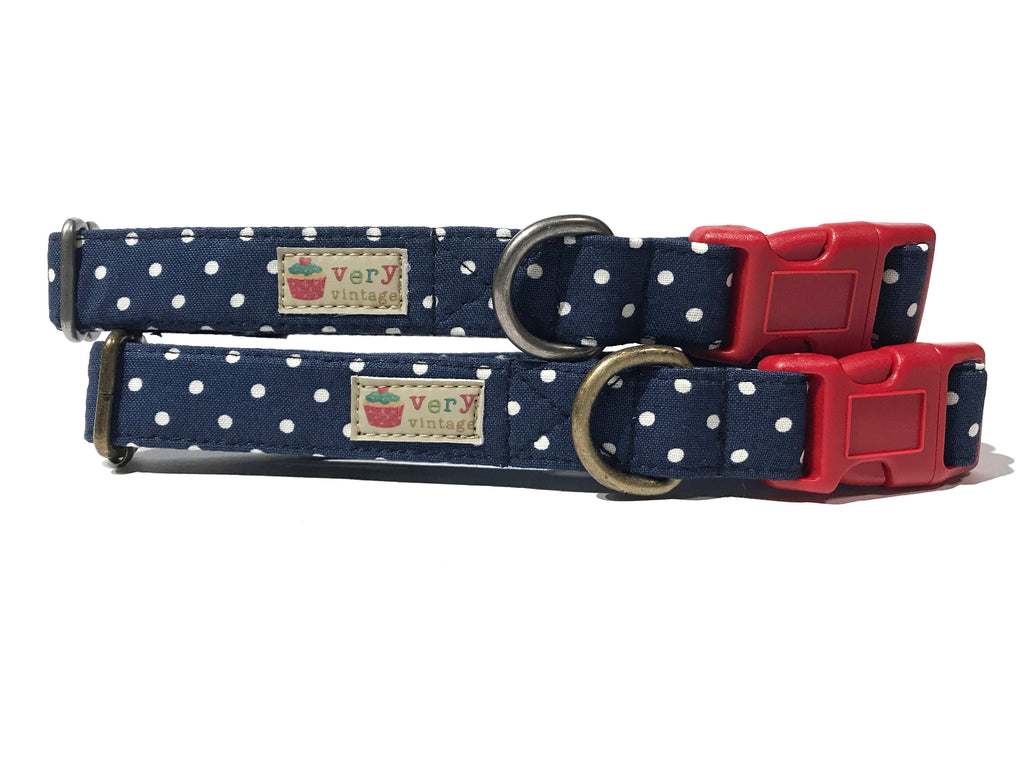 navy blue and white polka dots organic cotton collar for dog and cat