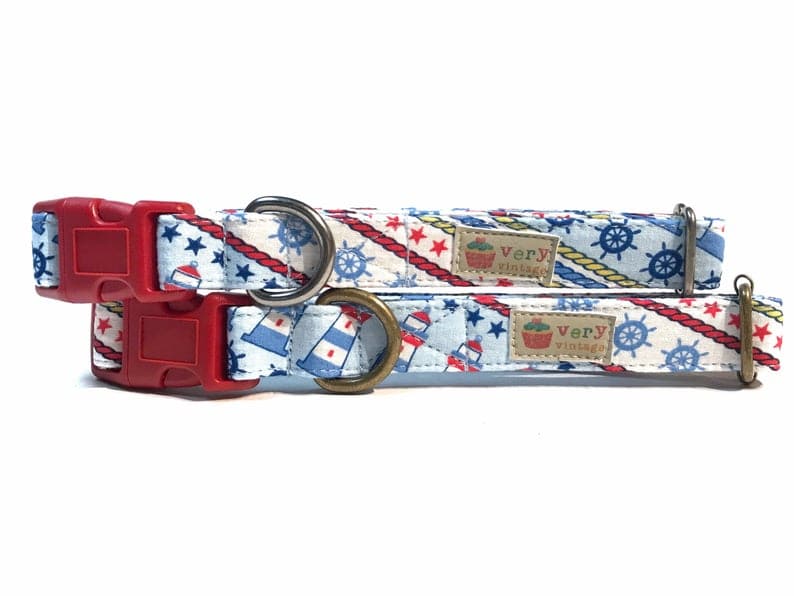 blue white and red nautical collar for a dog or cat
