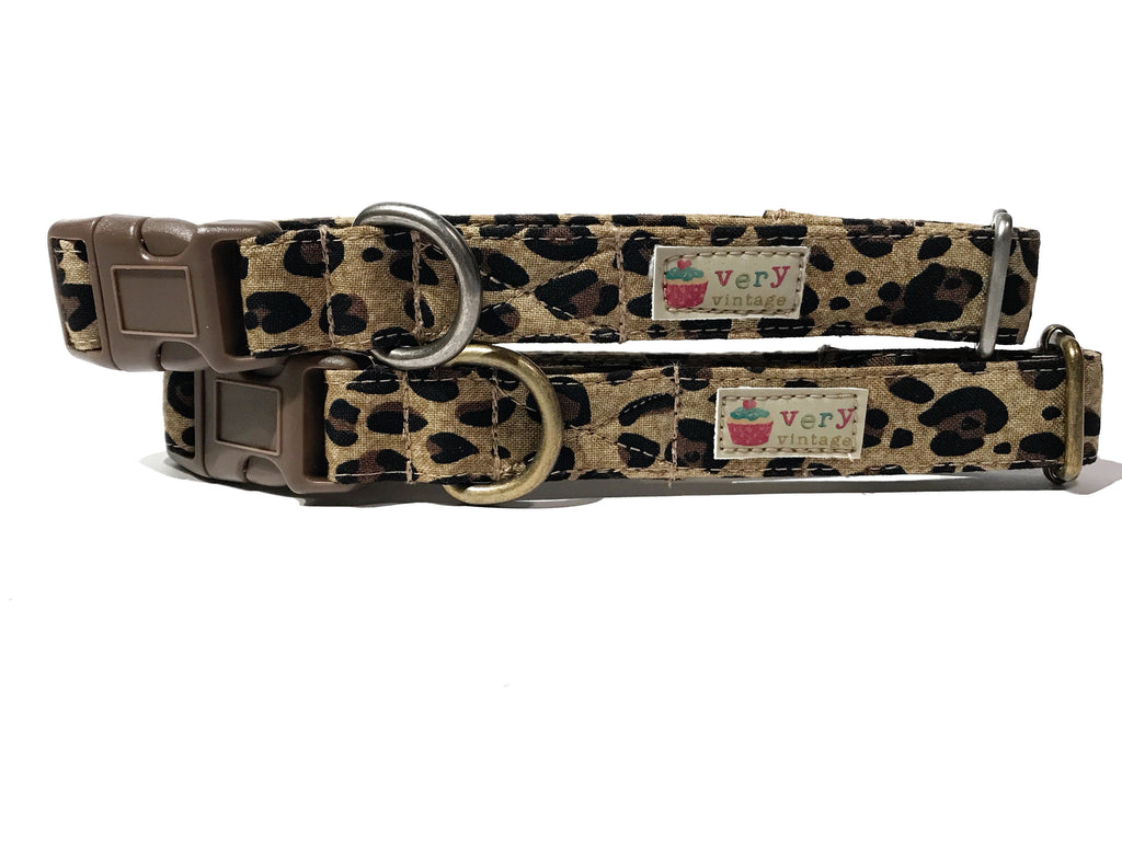 A close-up of the brown leopard/cheetah print collar, showcasing the bold, fun animal print design. Available with antique brass or antique silver hardware, this collar adds a wild touch to your pet’s wardrobe. Cat collars come with a breakaway or safety buckle.