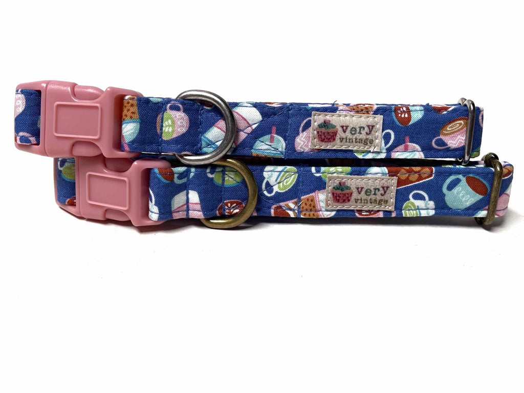 Handmade organic cotton dog collar featuring a playful pattern of hot and iced coffees, matcha teas, and other beverages on a soft cornflower blue background. Available in custom sizes for dogs and cats with antique brass or silver hardware