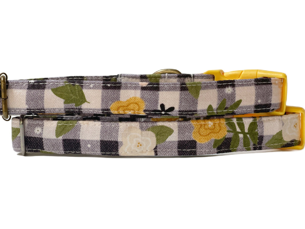 black, gray and white buffalo plaid organic cotton collar with mustard yellow and white flowers and green leaves