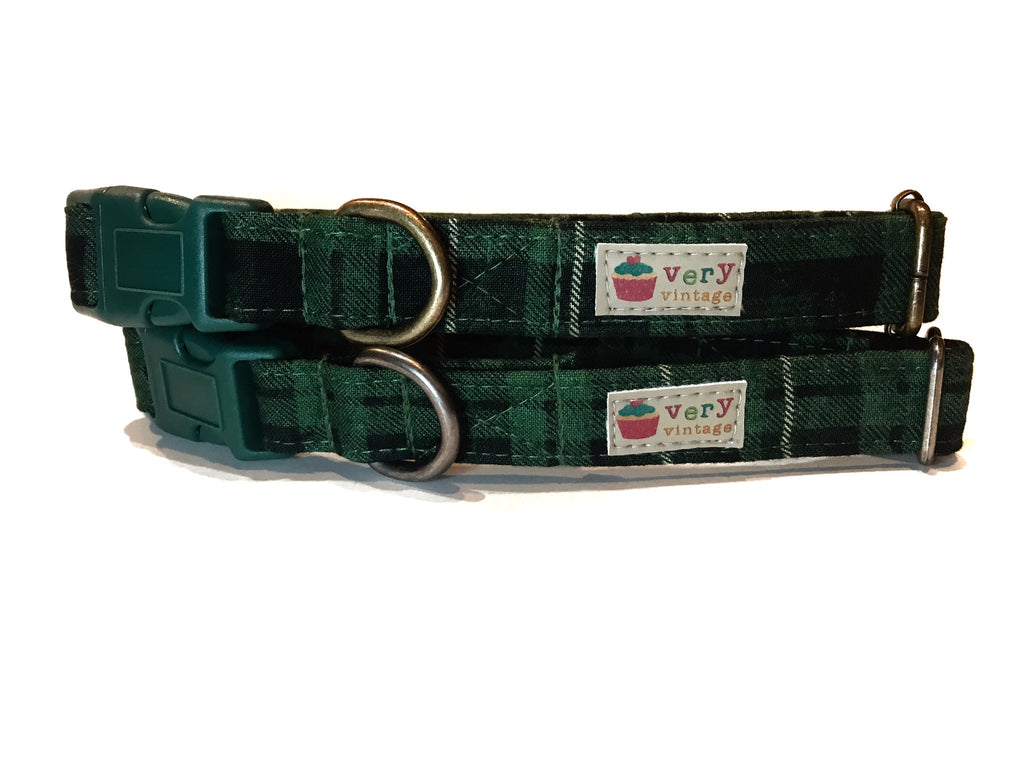 Elegant hunter green plaid dog and cat collar with a subtle touch of gold. Perfect for the holiday season, this collar adds a festive, sophisticated flair to your furry friend's wardrobe. Made with organic cotton for comfort and durability.